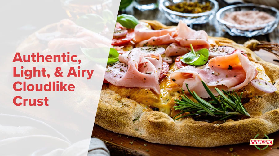 Piancone® Frozen Pinsa Pizza Crust video showing a savory pizza with rosemary and ham.