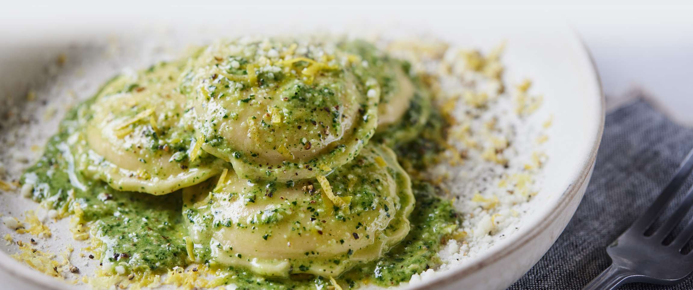 Cheese Ravioli with Tuscan Kale Pesto and Lemon