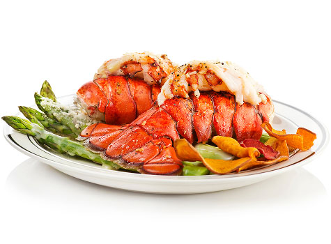 Plate of two steamed lobster tails on roasted asparagus spears with cream sauce.