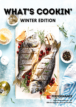 What's Cooking Winter Guide showing grilled fish and fruit.
